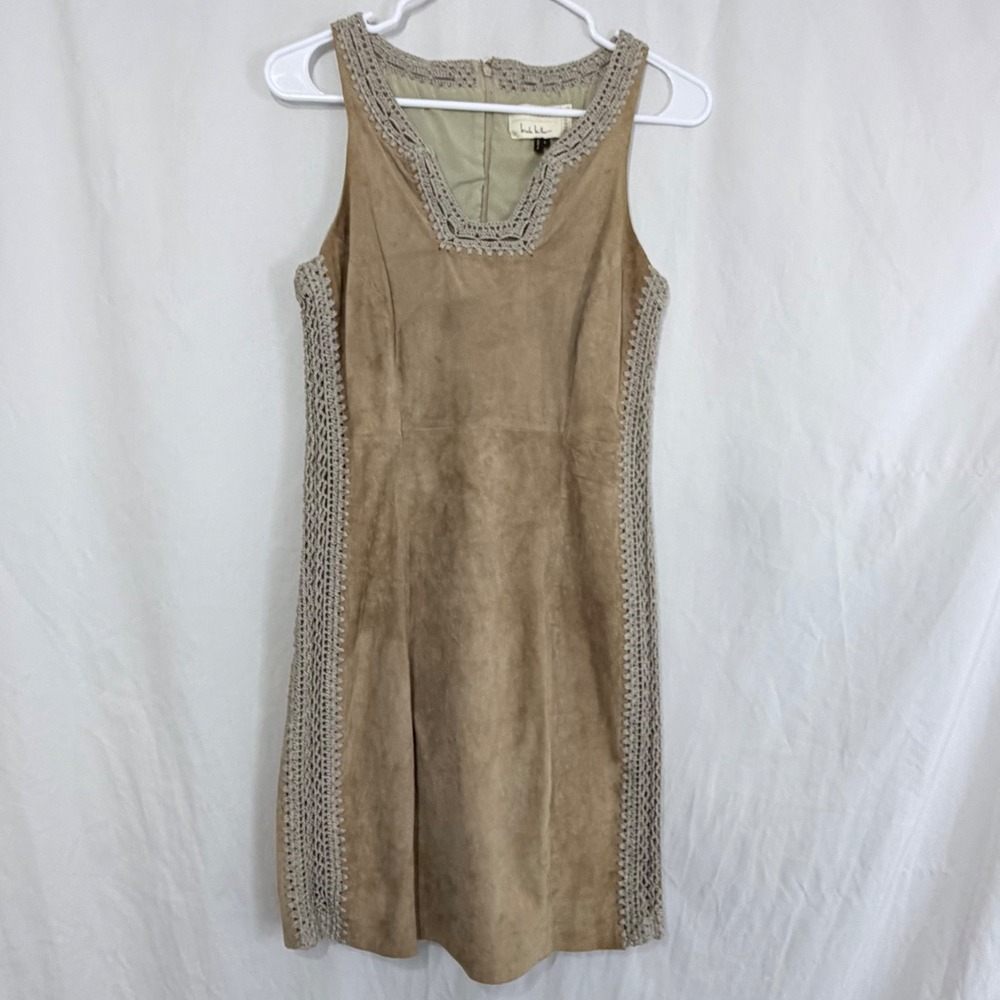 Atelier Nicole Miller Tan Faux Suede Dress Crochet Trim Sheath Womens
